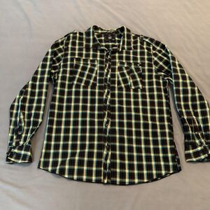 Deep Current Shirt Mens Large Black Blue Plaid Button Down Casual Long Sleeve